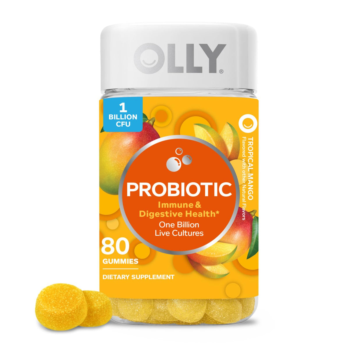 OLLY Probiotic Gummy Tropical Mango bottle for daily immune and digestive support.