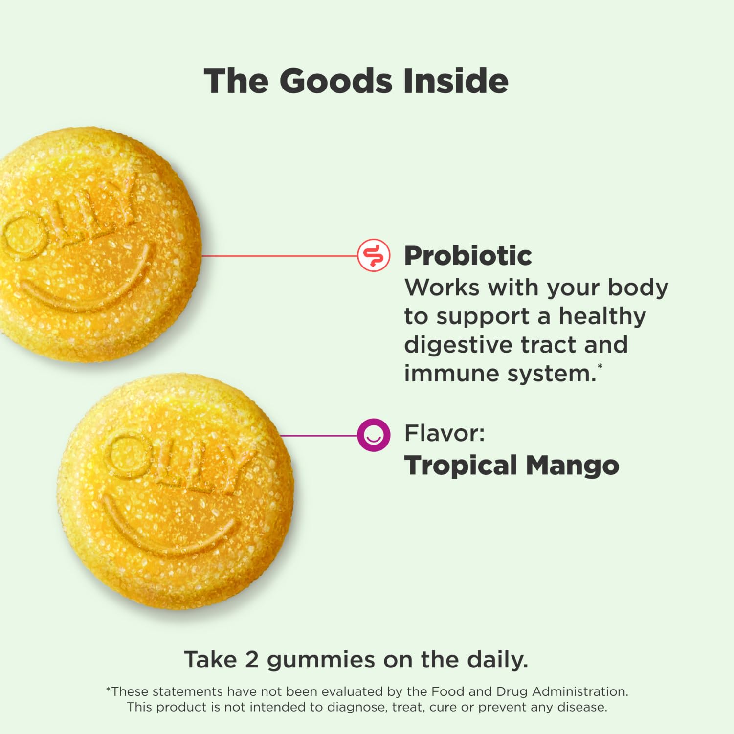 OLLY Probiotic Gummy Tropical Mango gummies being poured illustrating 1B CFUs per 2 gummies.