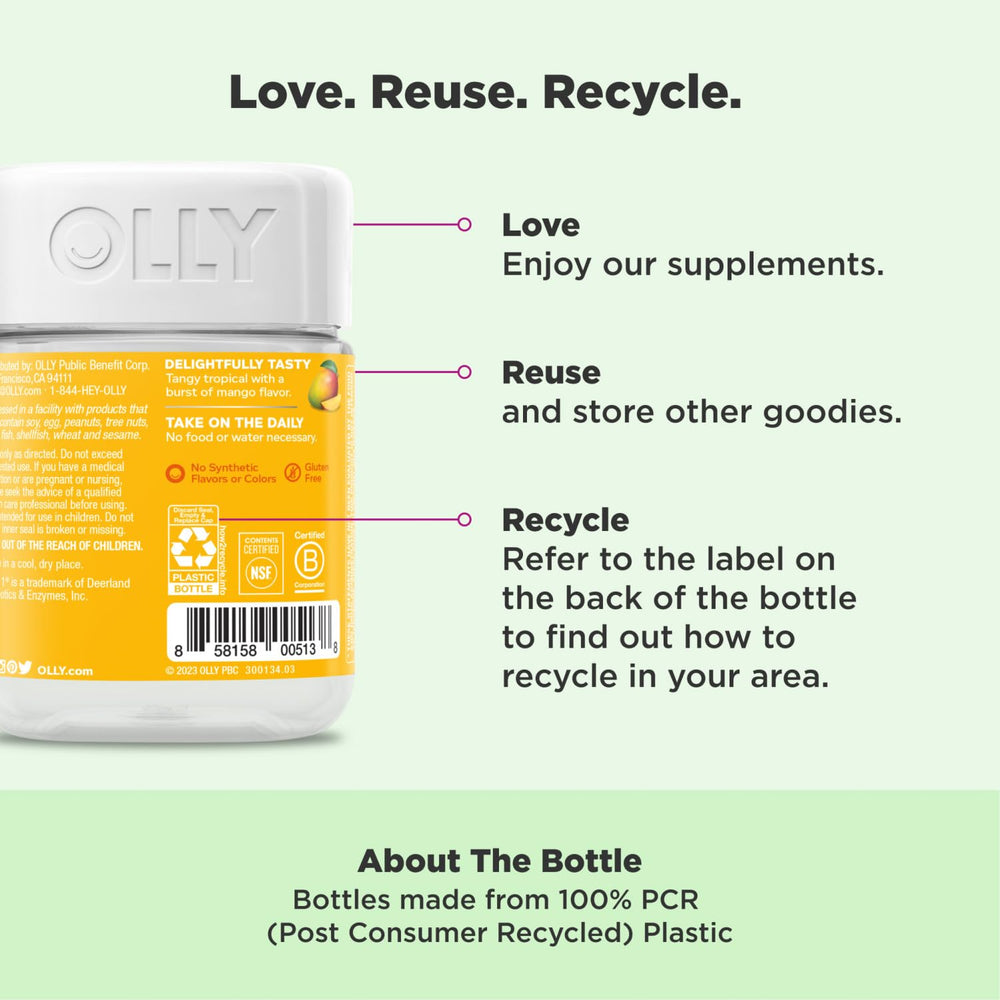OLLY Probiotic Gummy ingredient list features Bacillus subtilis and tropical mango flavor.