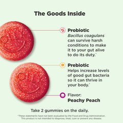 OLLY Probiotic + Prebiotic gummy closeup showing peach flavor and chewy texture.