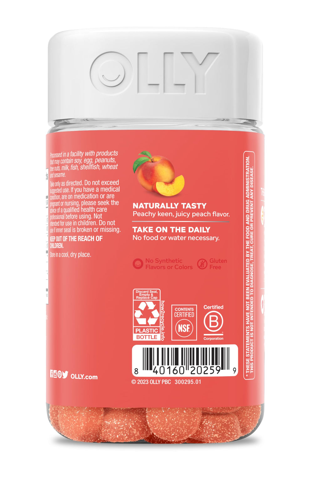 OLLY gluten-free peach gummy with no artificial colors.