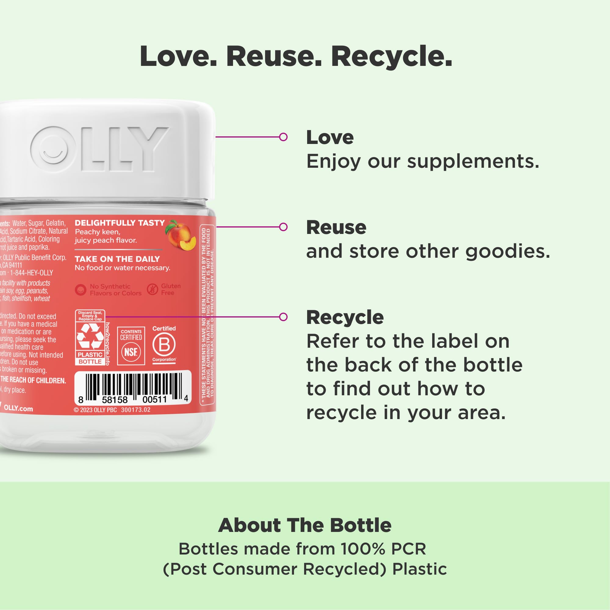OLLY gummy label on bottle highlighting gluten-free formula.
