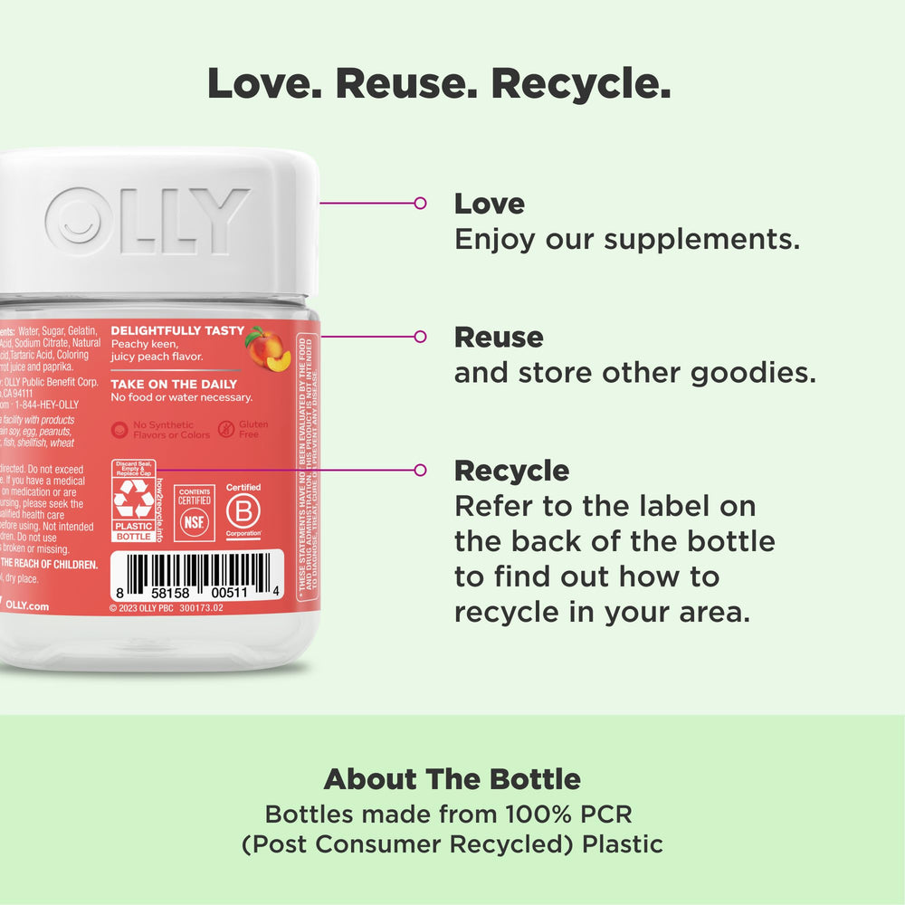 OLLY gummy label on bottle highlighting gluten-free formula.