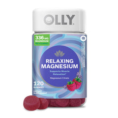 OLLY Relaxing Magnesium Gummies bottle front with raspberry-lavender flavor for calm routine