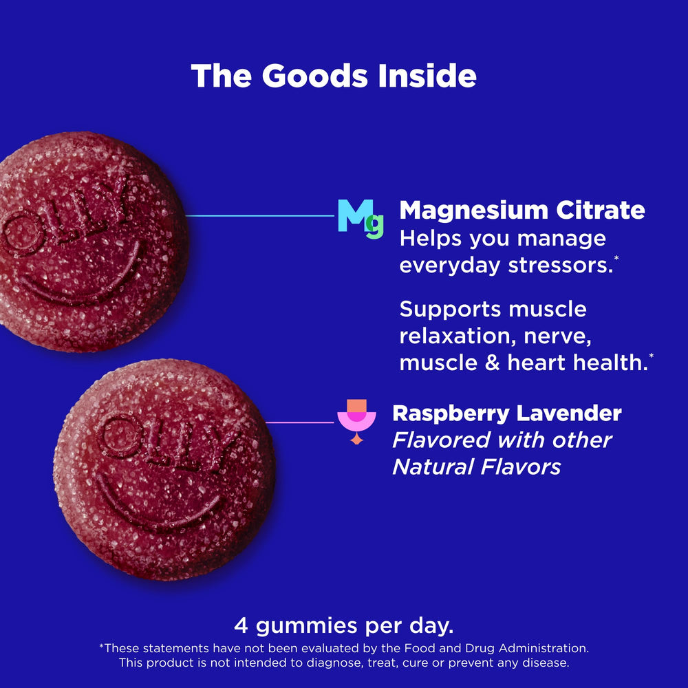 OLLY Relaxing Magnesium Gummies bottle top showing 120-count package for a month