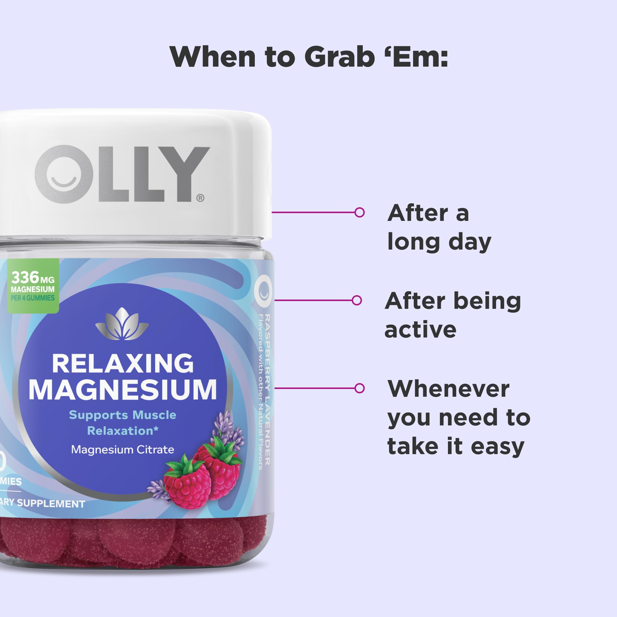 OLLY Relaxing Magnesium Gummies packaging highlights vegetarian and gluten-free formula