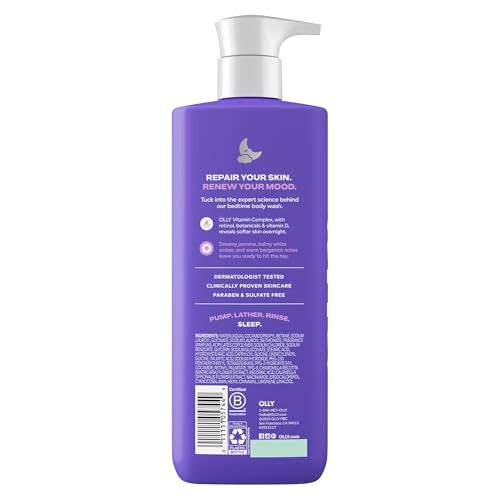 OLLY Renew bottle pour demonstrates easy, gentle cleansing for a relaxing bedtime routine