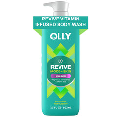 OLLY Revive Body Wash bottle pour showing creamy texture for gentle cleanse