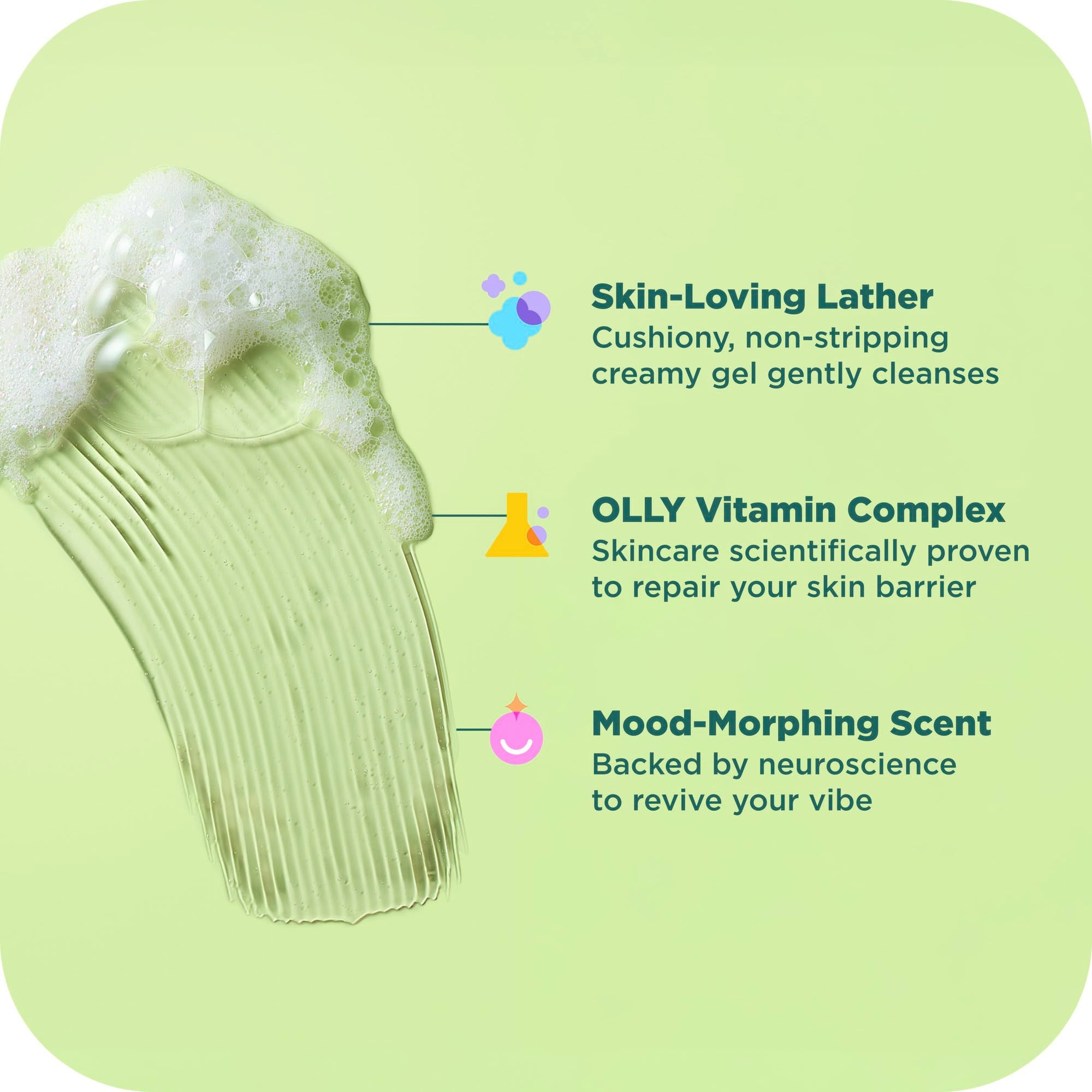 OLLY Revive Body Wash dense foam close-up illustrating luxurious, skin-loving lather