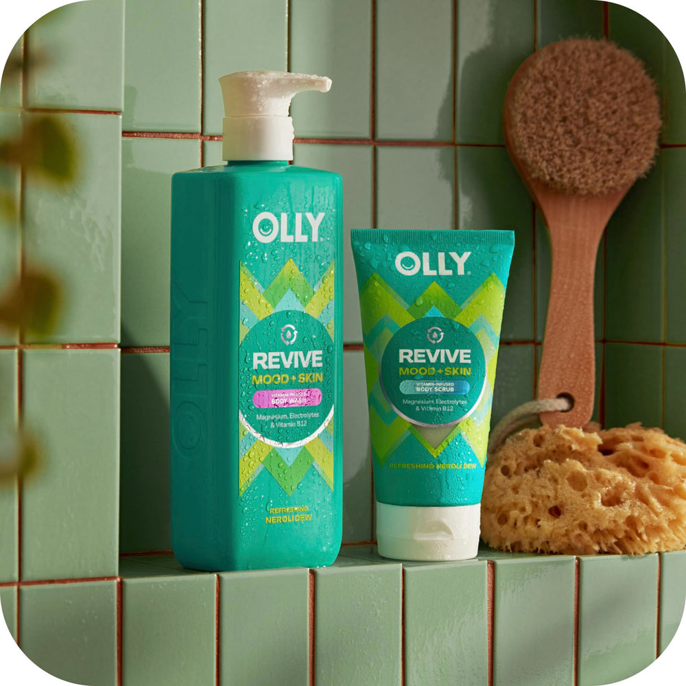 OLLY Revive Body Wash magnesium and electrolytes label emphasizing barrier-friendly formula