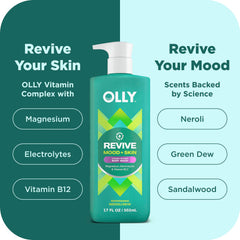 OLLY Revive Body Wash vitamin complex label close-up showcasing skin support ingredients