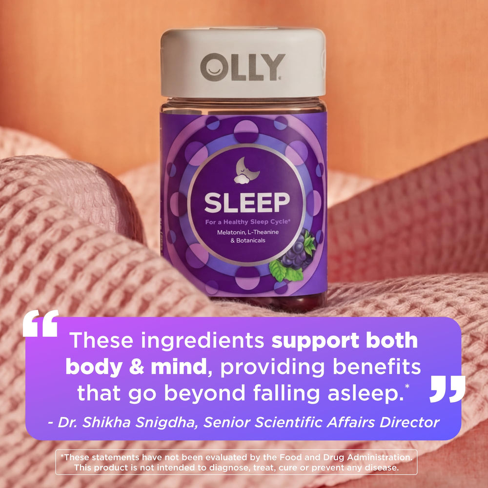 OLLY Sleep Gummies bottle close-up shows gummy texture.