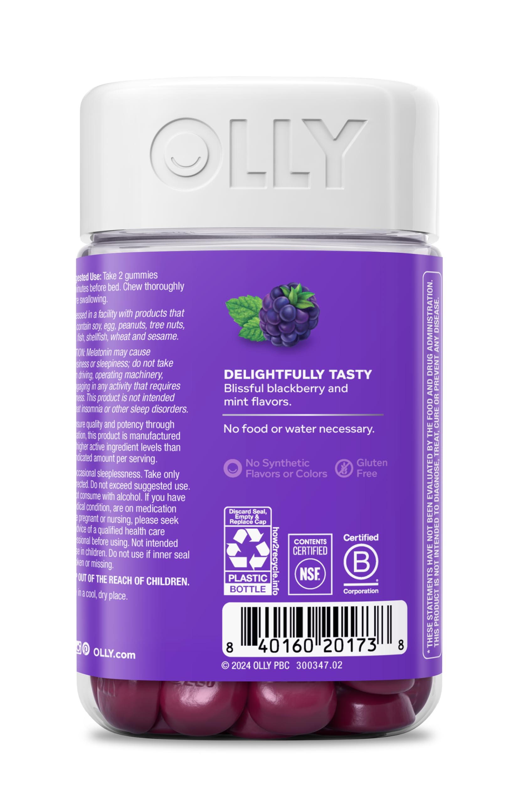 OLLY Sleep Gummies label notes no synthetic colors.