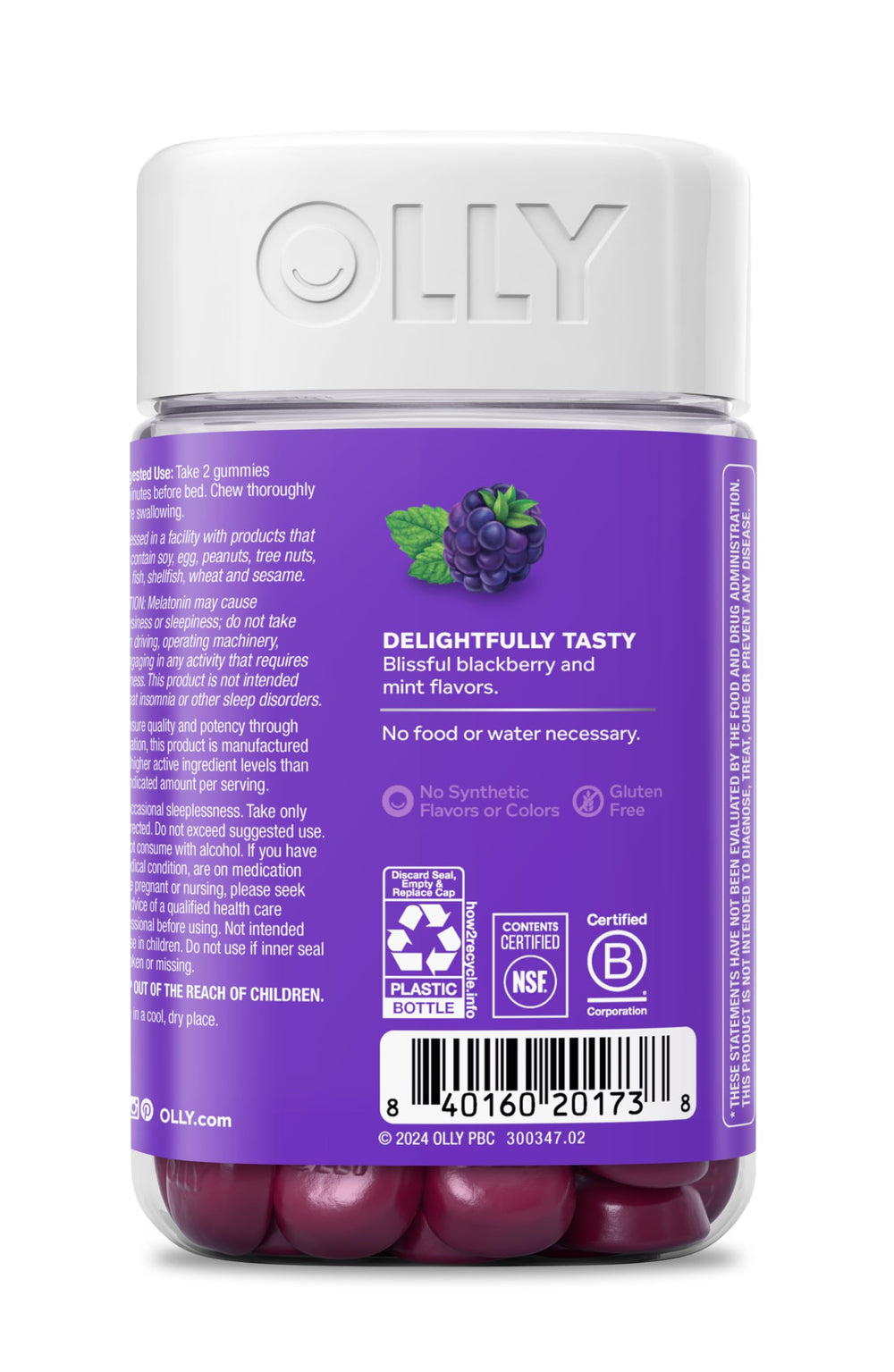 OLLY Sleep Gummies label notes no synthetic colors.