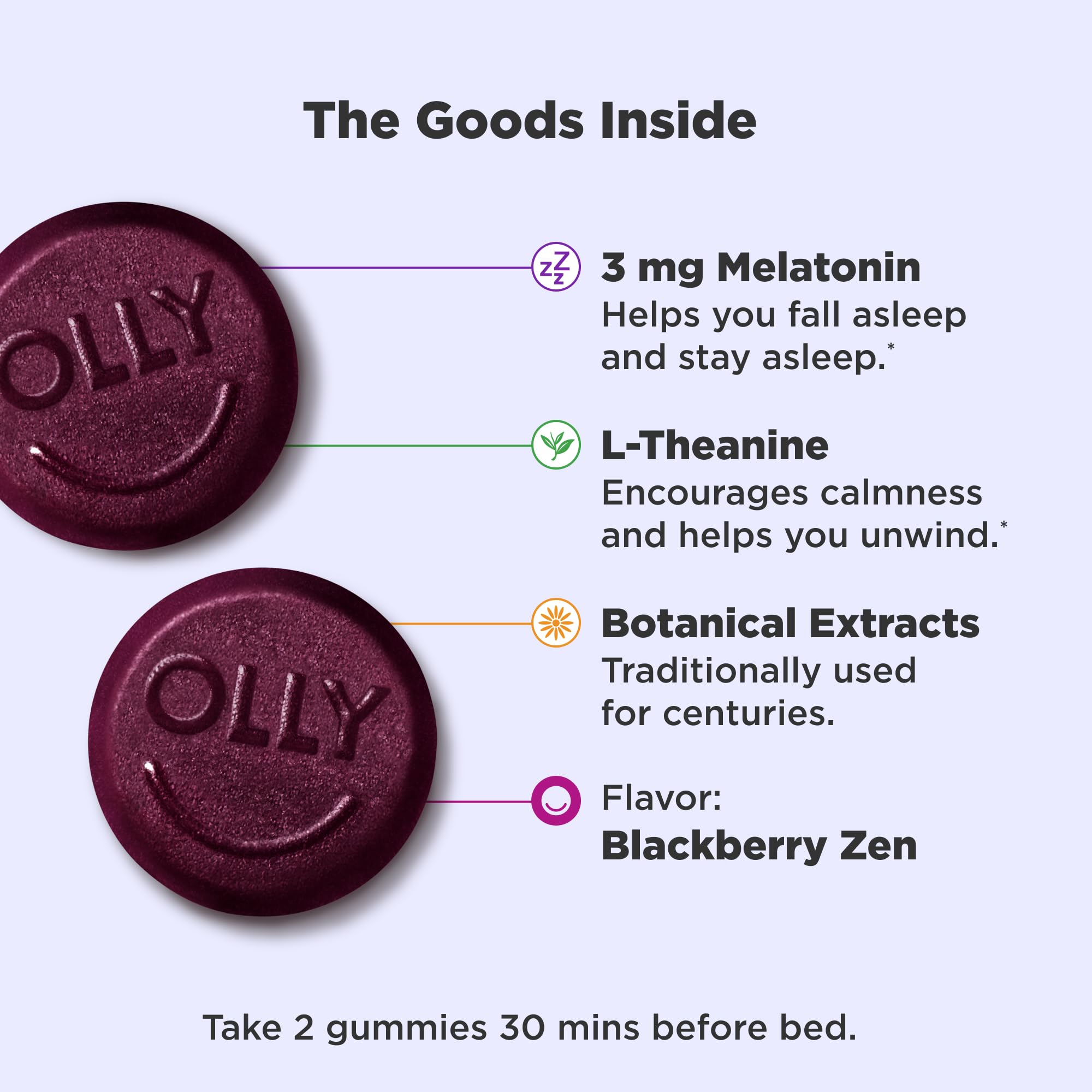 OLLY Sleep Gummies ingredients chamomile and lemon balm for relaxation