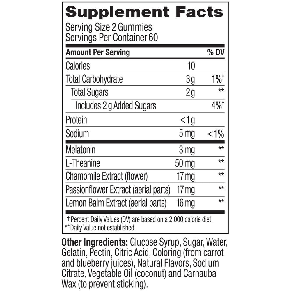 OLLY Sleep Gummies ingredients banner shows melatonin and botanicals.