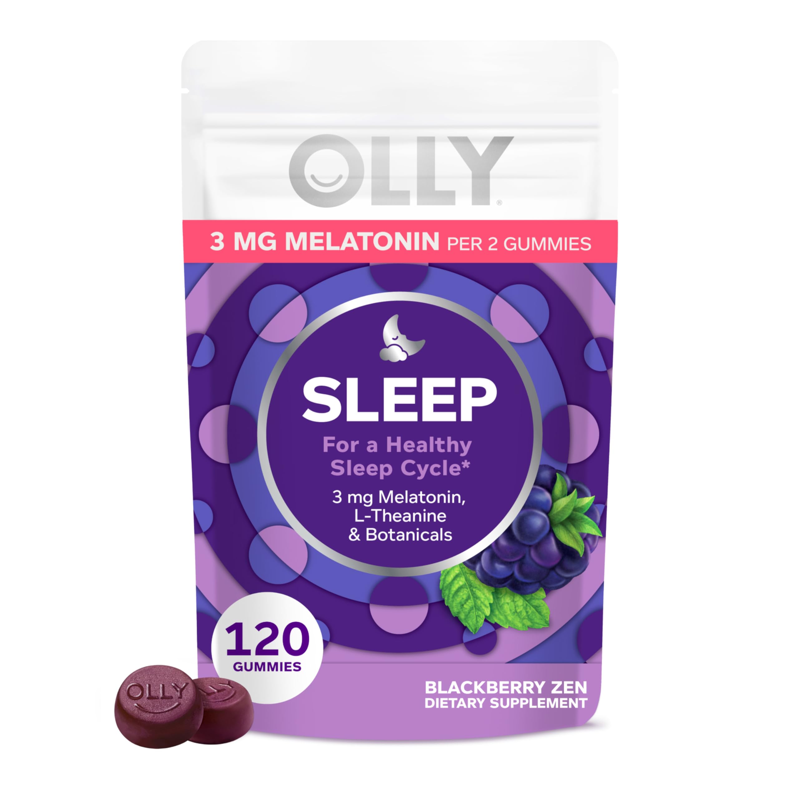 OLLY Sleep Gummies jar front with blackberry flavor for relaxing nights.
