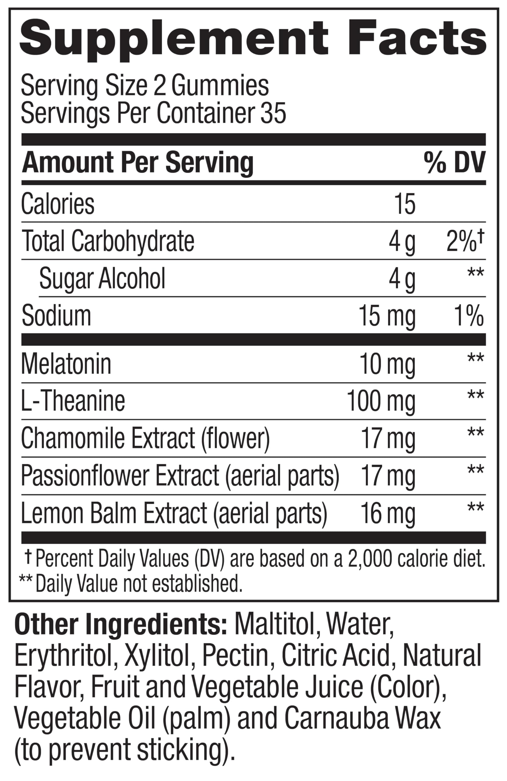 Label highlights L-Theanine Chamomile and Lemon Balm ingredients