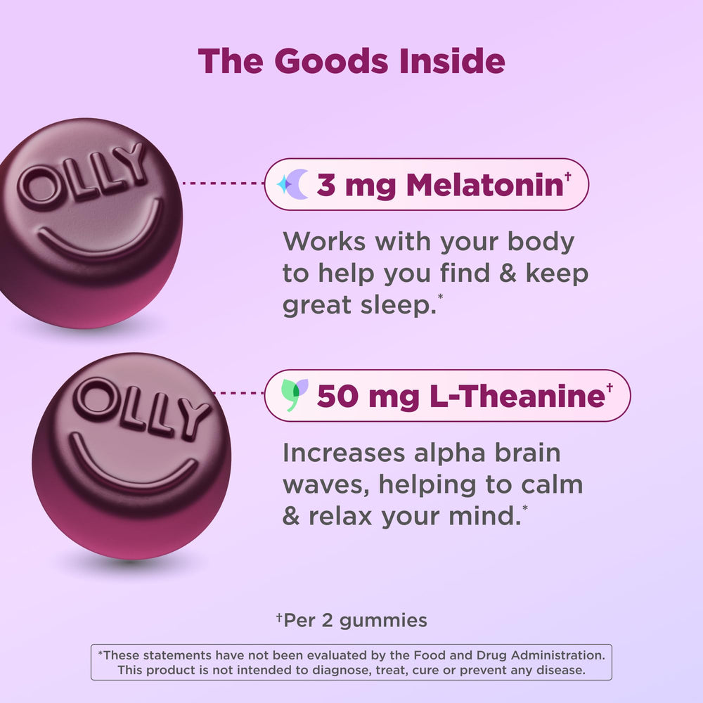 OLLY Sleep Gummies label shows nutrition facts and ingredients.