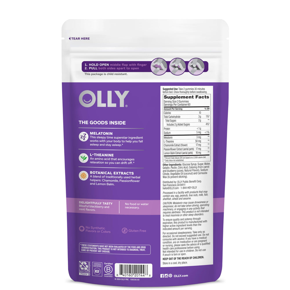 OLLY Sleep Gummies label shows 3 mg melatonin per serving.
