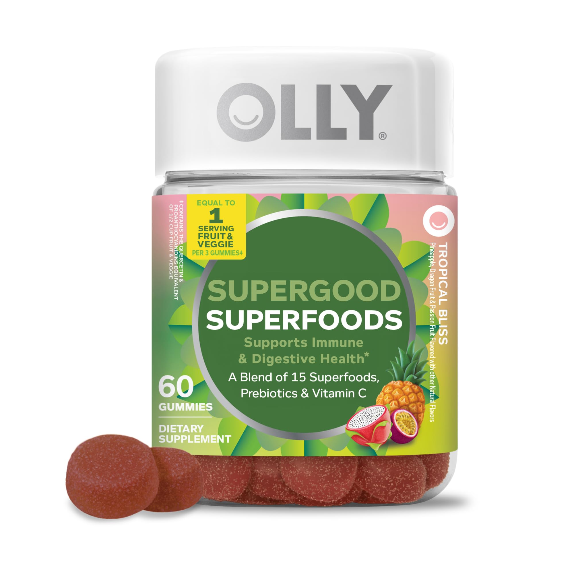 OLLY Supergood Superfoods Gummies bottle on counter for easy daily nutrition.