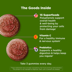 OLLY Supergood Superfoods Gummies close-up showing colorful bites for daily health support.