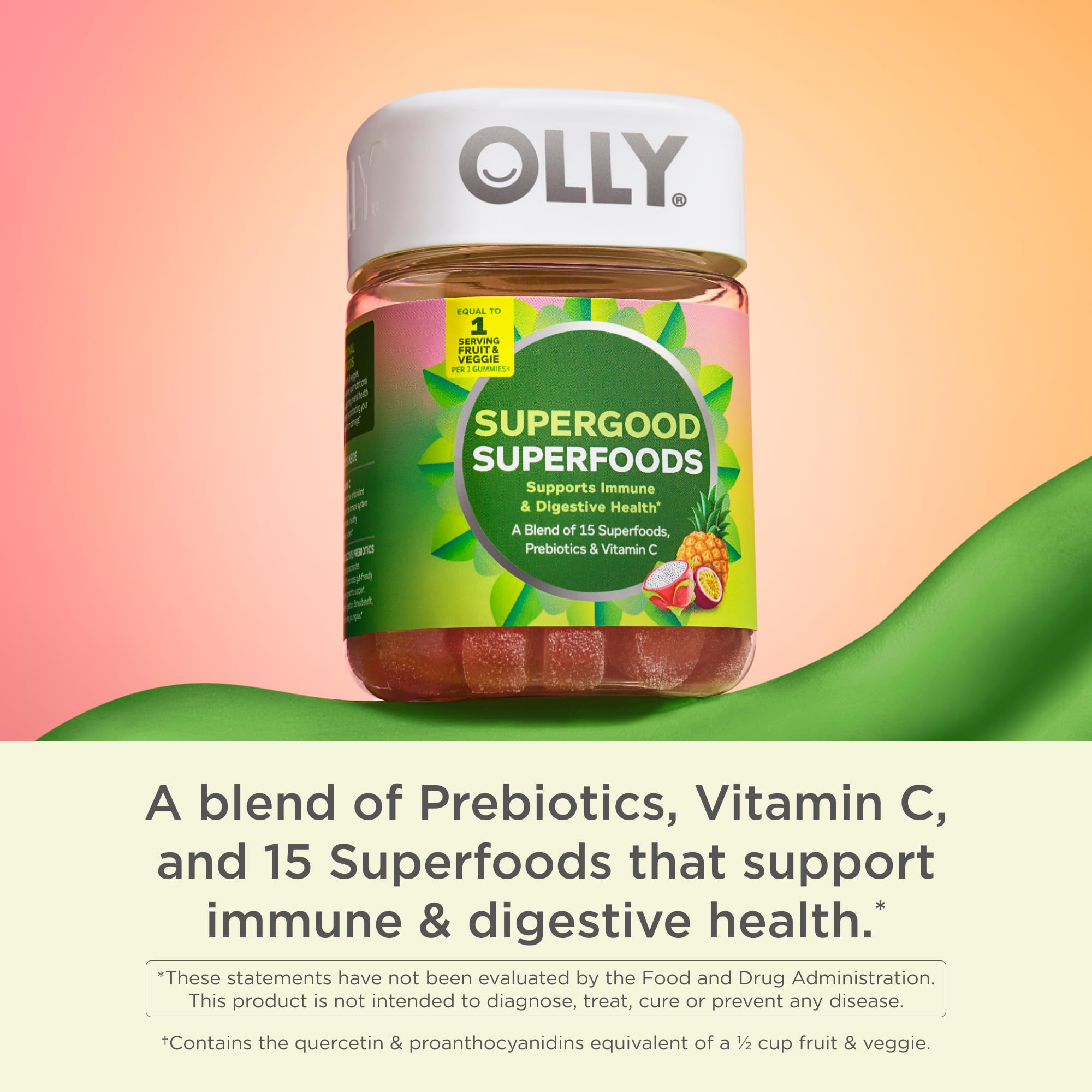 OLLY prebiotic Fructooligosaccharides shown in gummies for digestion support.