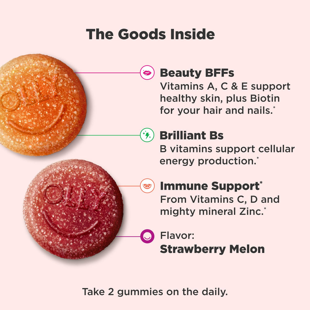 OLLY Teen Girl Multi Gummy bottle back label highlights essential vitamins for daily wellness