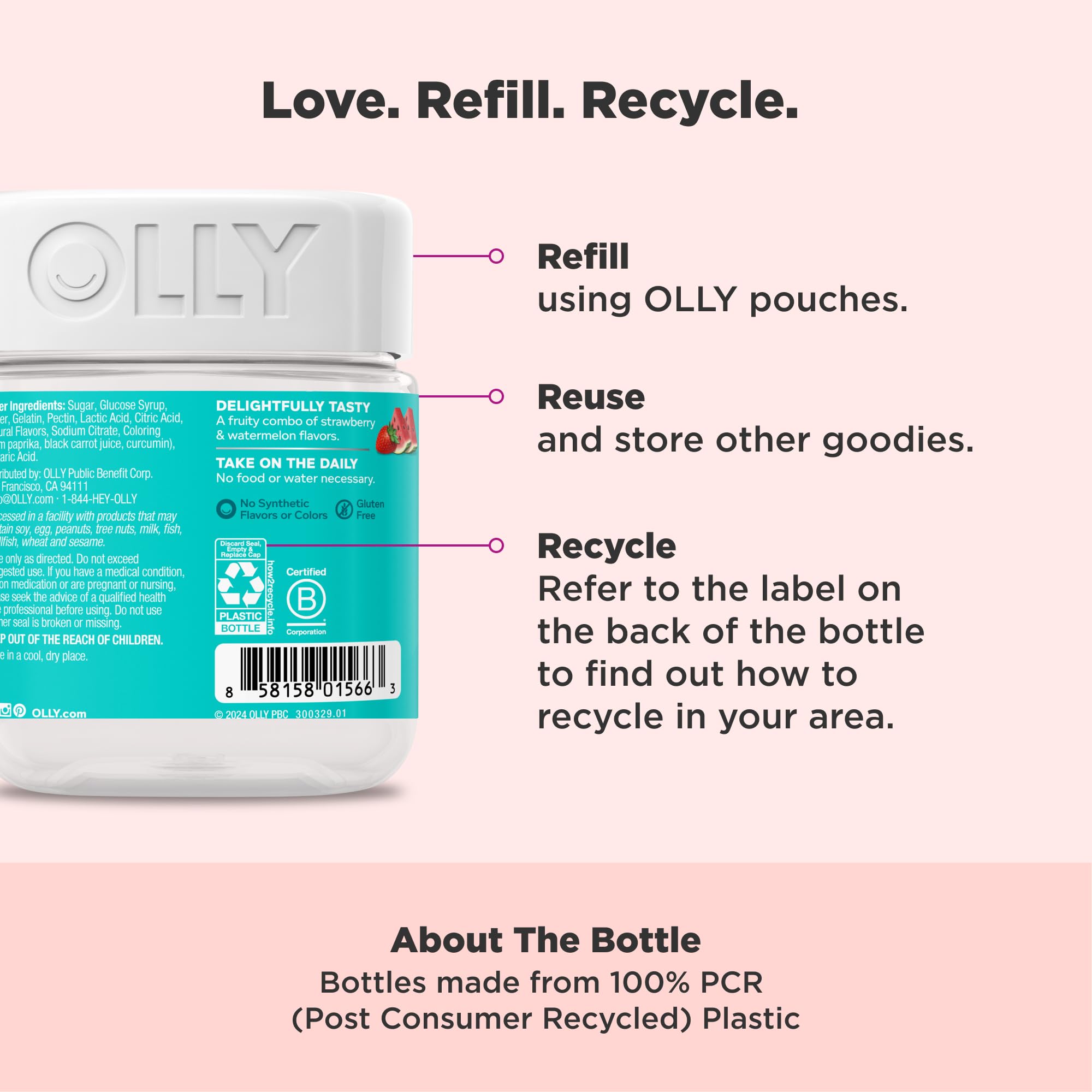 OLLY Teen Girl Multi Gummy flavor shot with strawberry-melon notes supports a tasty routine