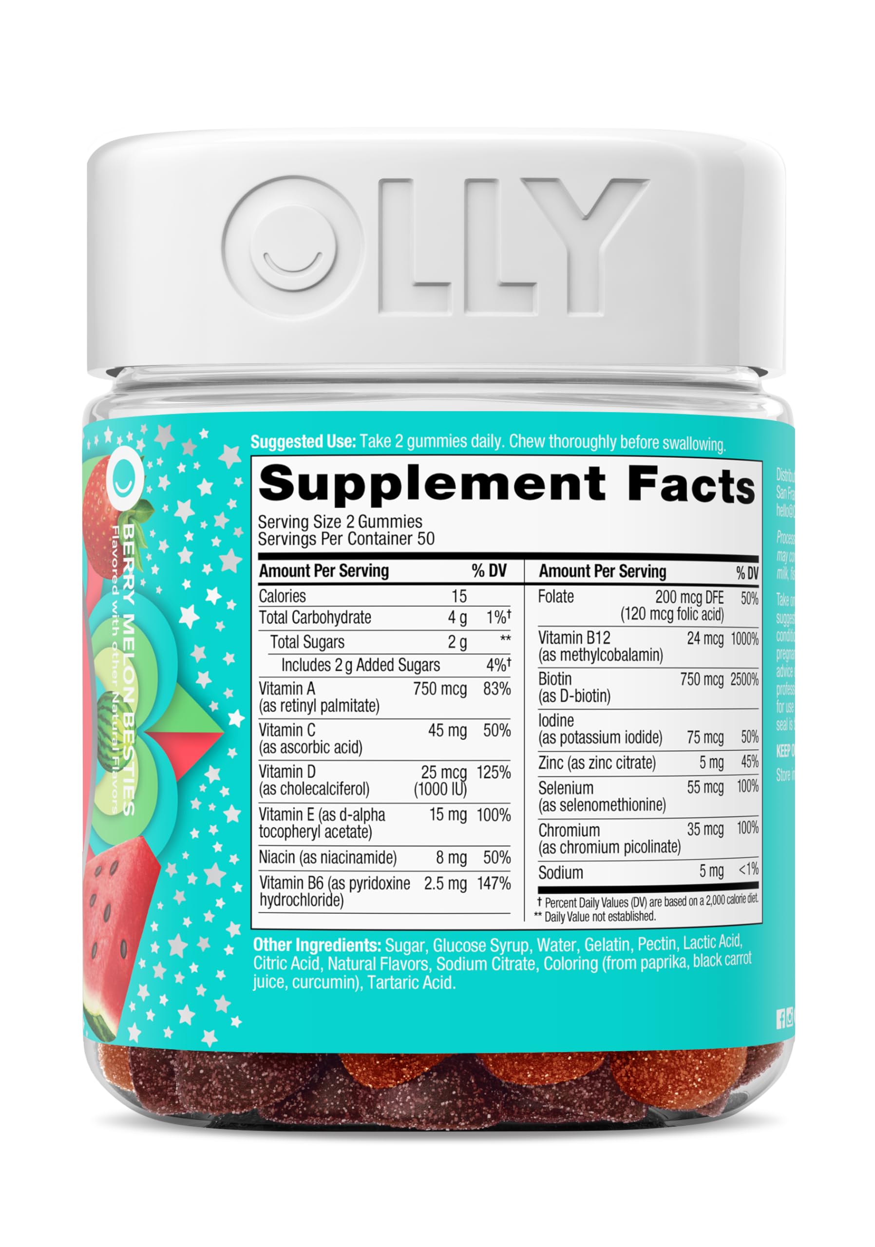 OLLY Teen Girl Multi Gummy ingredients list close-up emphasizes vitamins and minerals