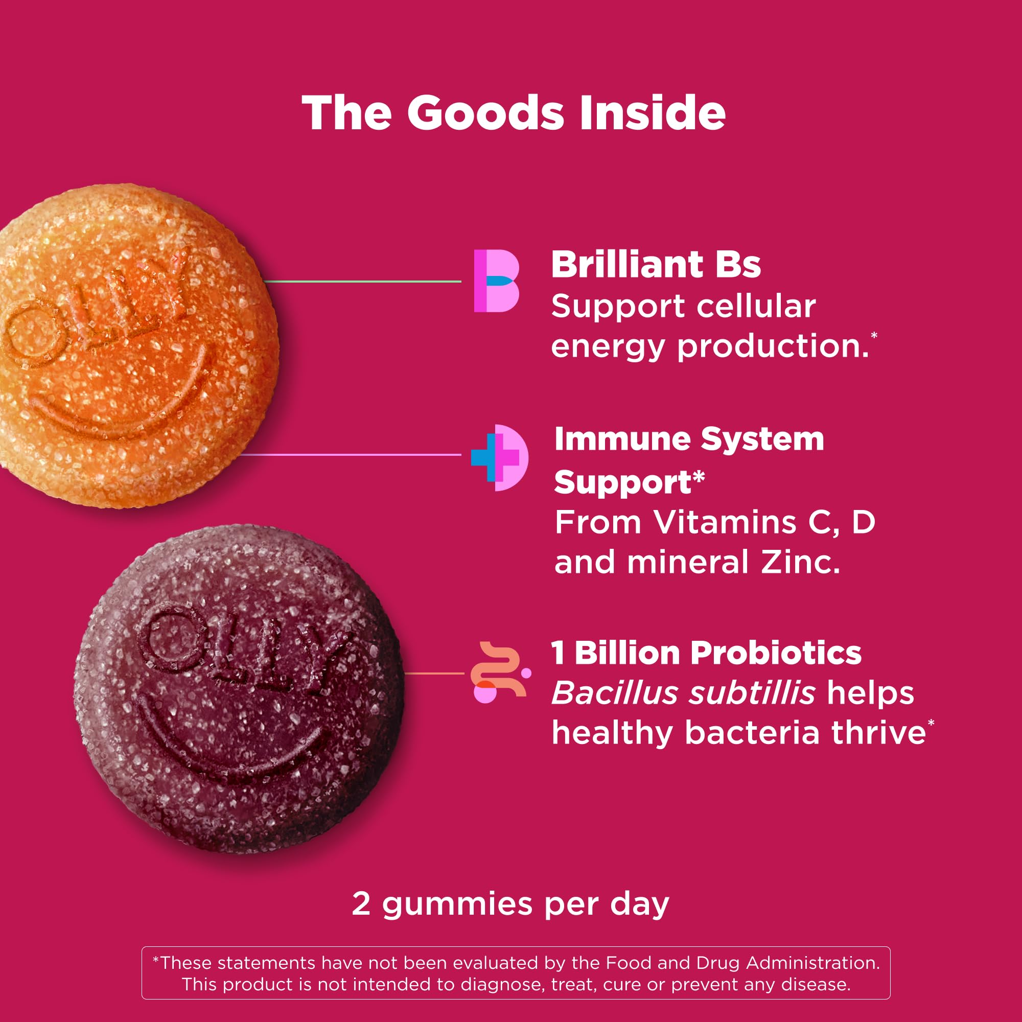 OLLY tropical twist gummy nutrition detail visible, quick daily nutrient boost.