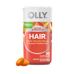 OLLY Ultra Strength Hair Softgels bottle for daily hair health support.