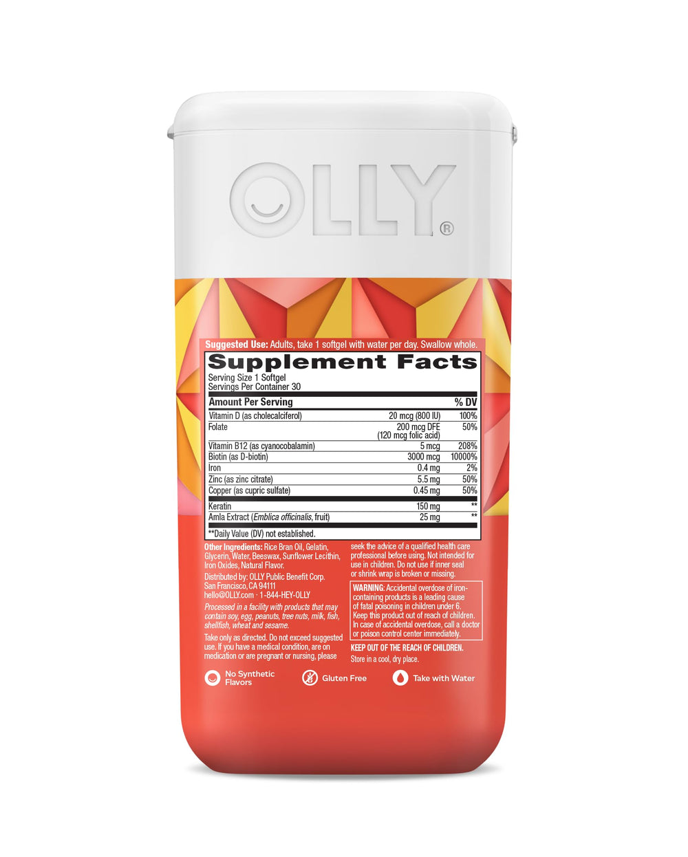 OLLY Ultra Strength Hair Softgels ingredient list highlights Biotin and Keratin.