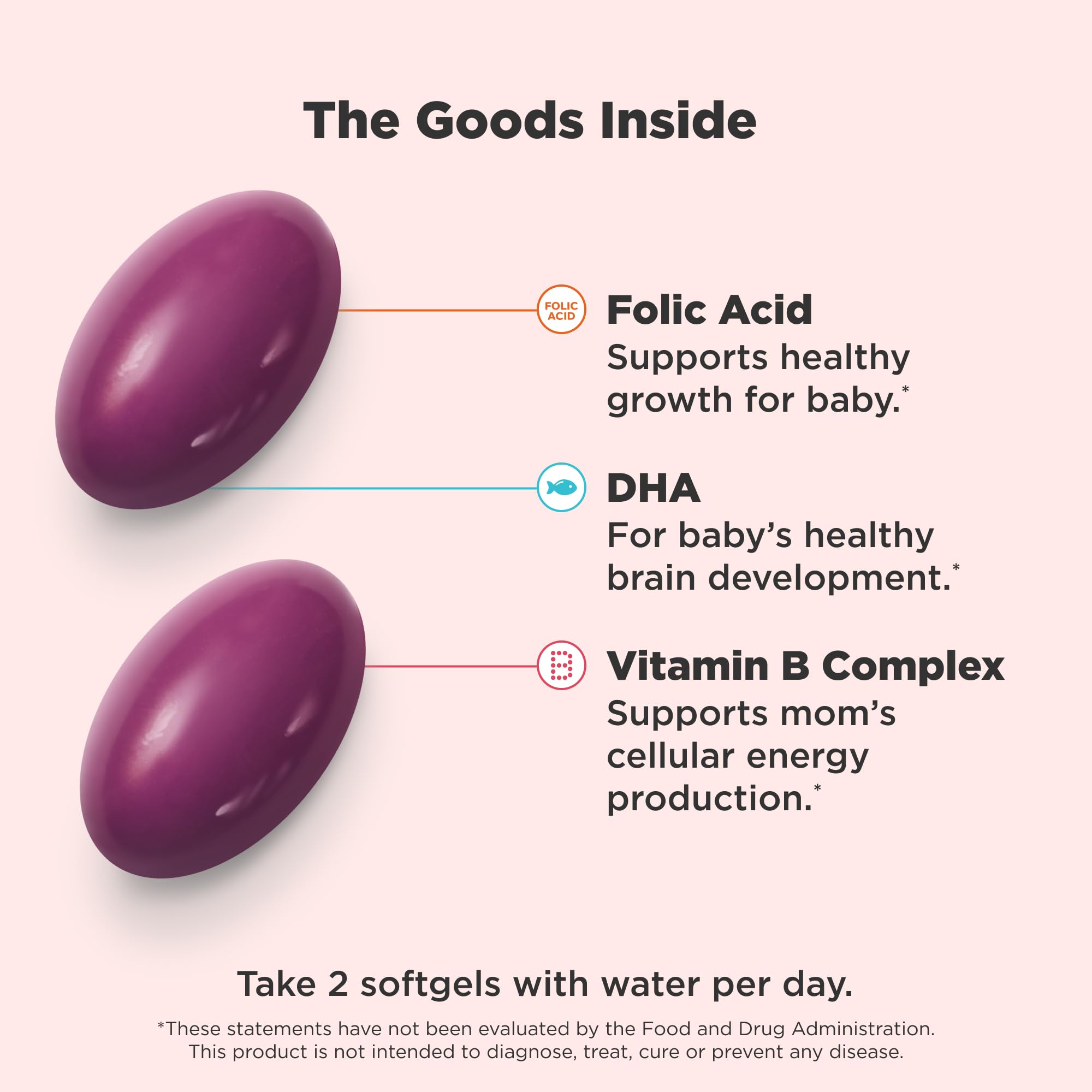 OLLY Prenatal Softgels with lemon-mint scent displayed in compact bottle.