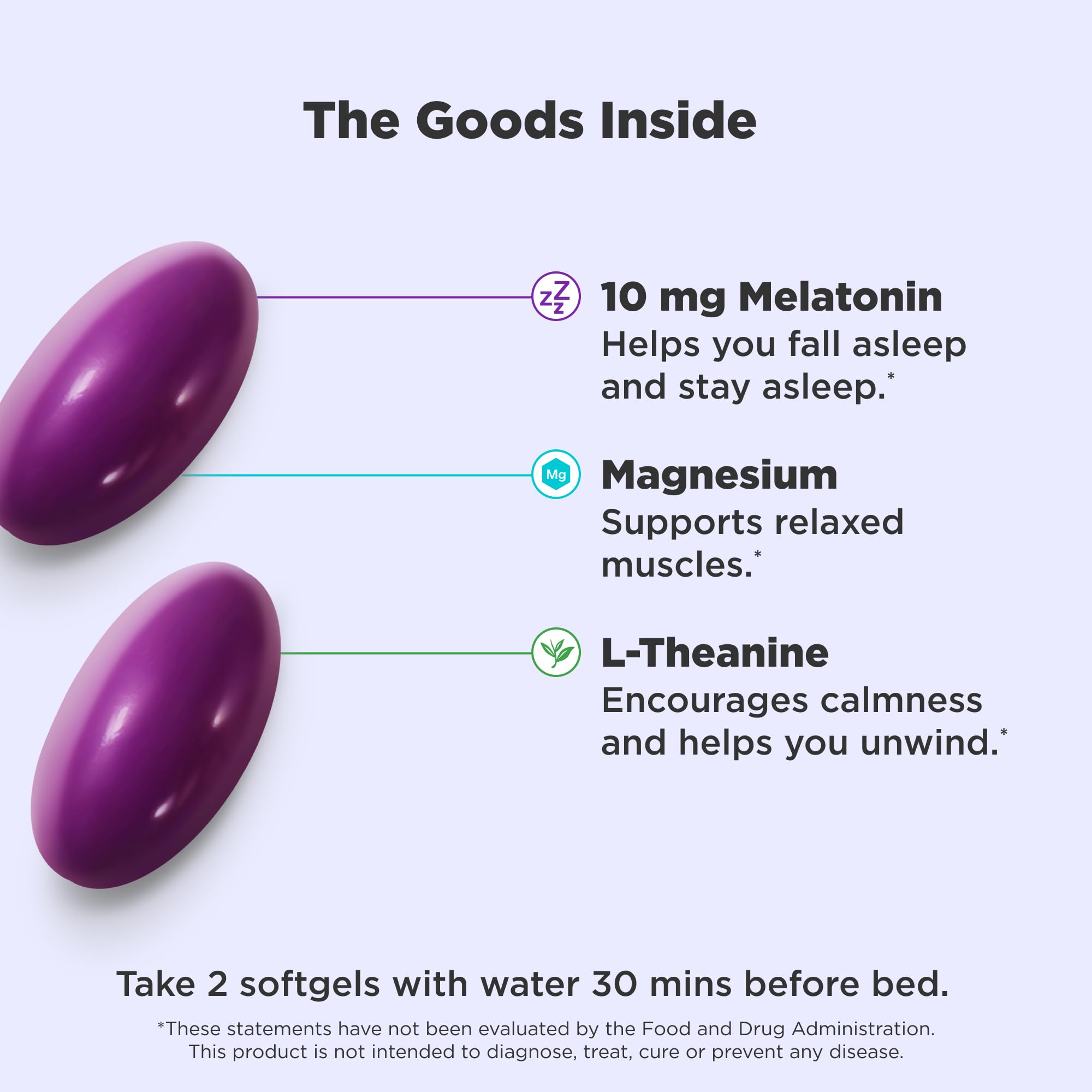 OLLY Sleep Softgels pour shows easy-to-swallow capsules for bedtime use.