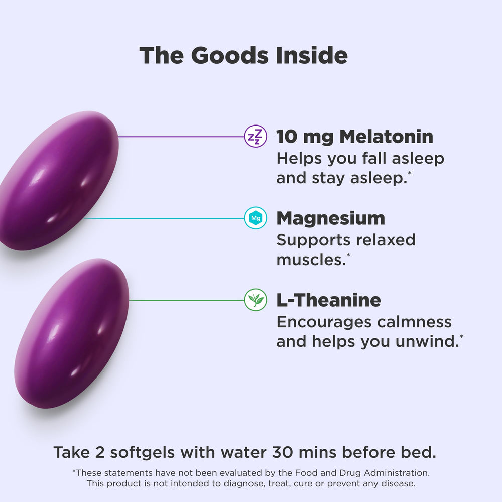 OLLY Sleep Softgels pour shows easy-to-swallow capsules for bedtime use.