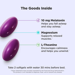OLLY Sleep Softgels pour shows easy-to-swallow capsules for bedtime use.