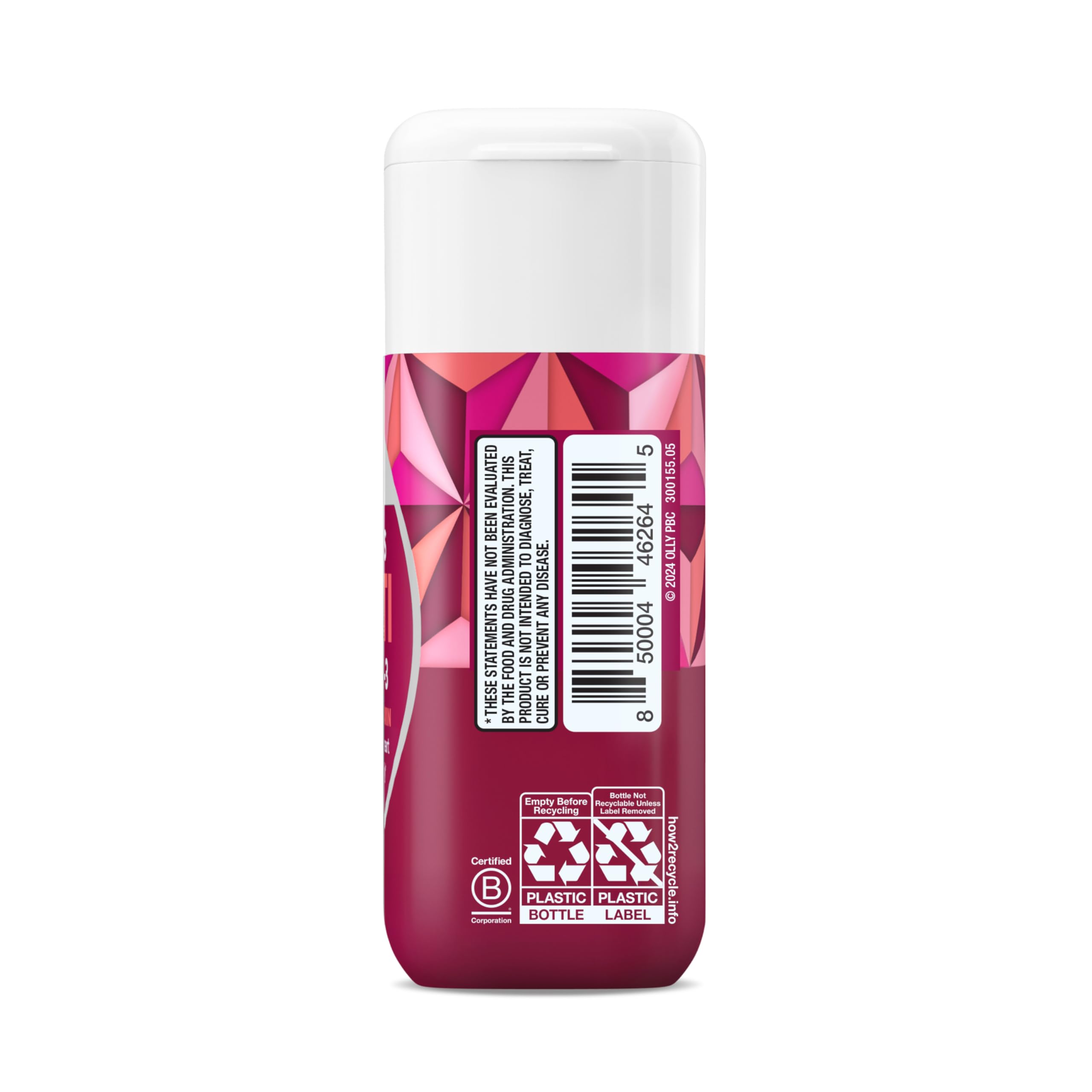 OLLY Ultra Women’s Multi Softgels bottle beside glass and vitamins.
