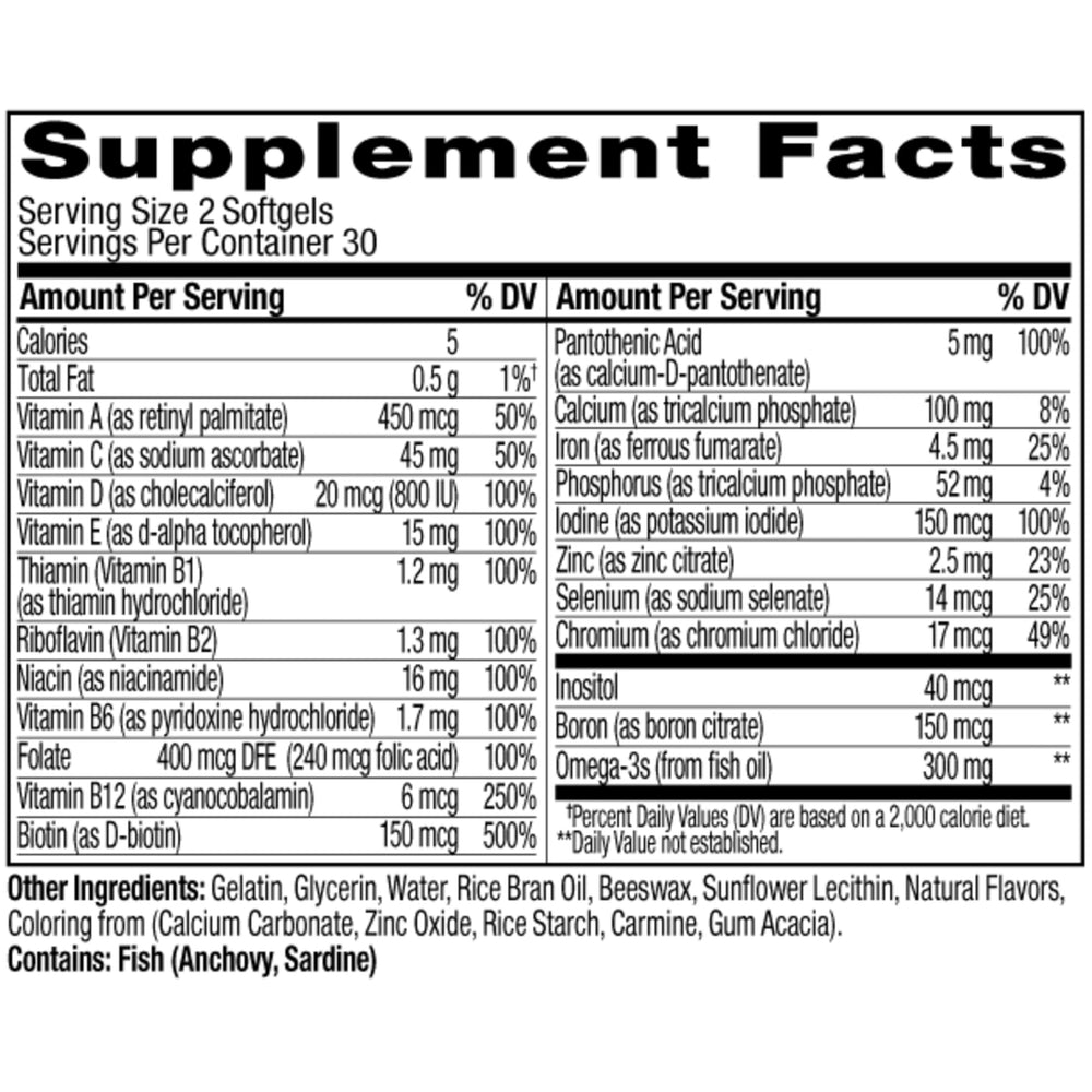 OLLY Ultra Women’s Multi Softgels ingredients display indicating omega-3 and vitamins.