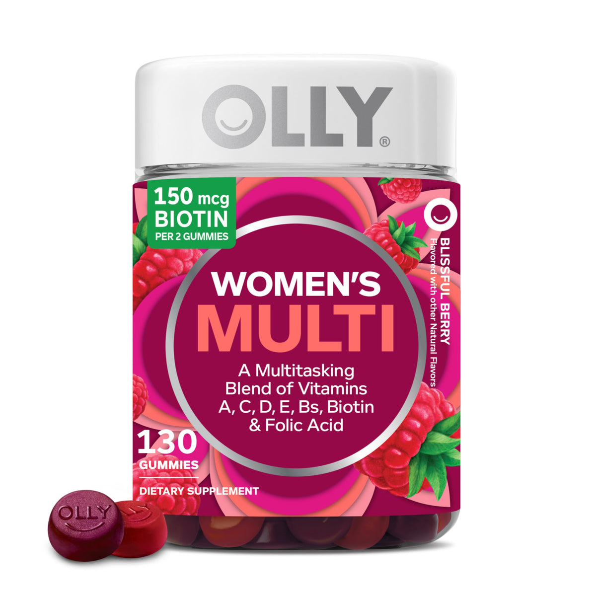OLLY Women's Multi bottle with berry gummies signaling daily wellness support.