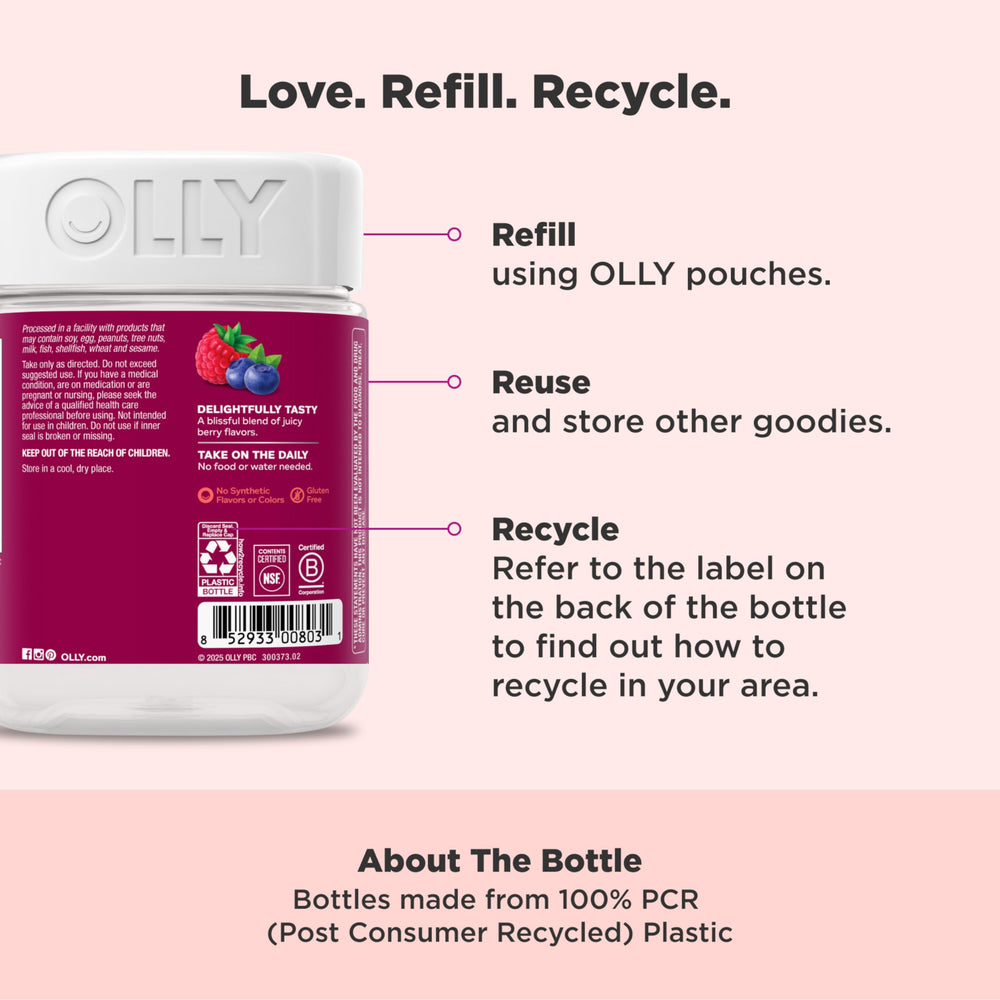 OLLY Women's Multi flavor variety image shows natural berry flavors for enjoyable daily use.