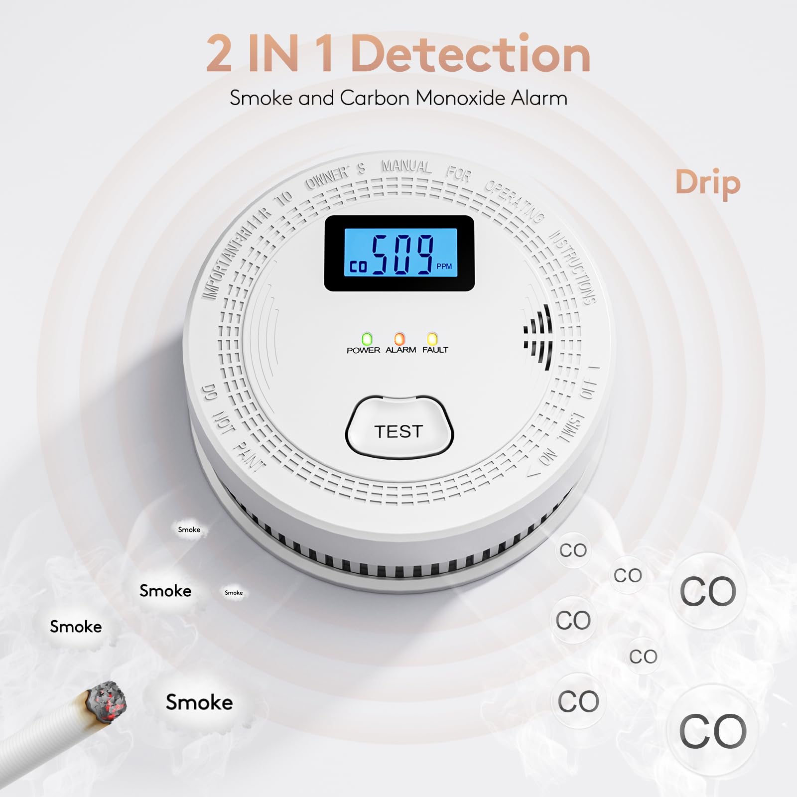 OLUNCLE detector test button for quick self-checks.