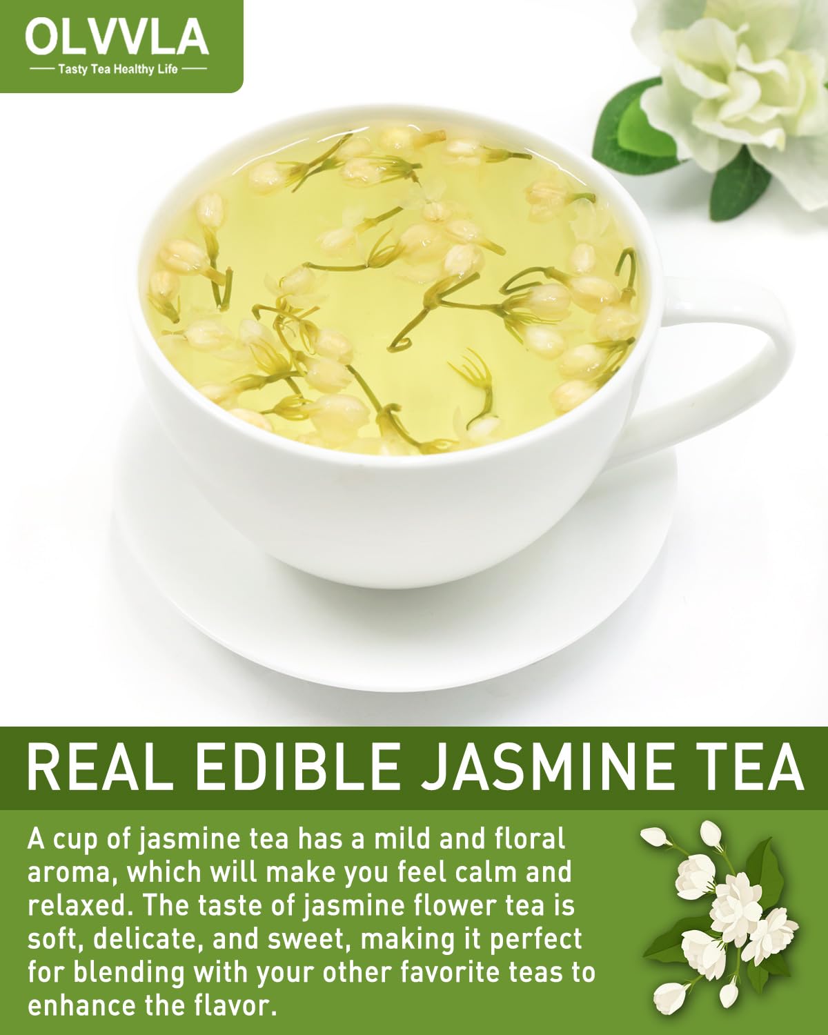 Olvvla natural aroma closeup inside resealable jasmine bag