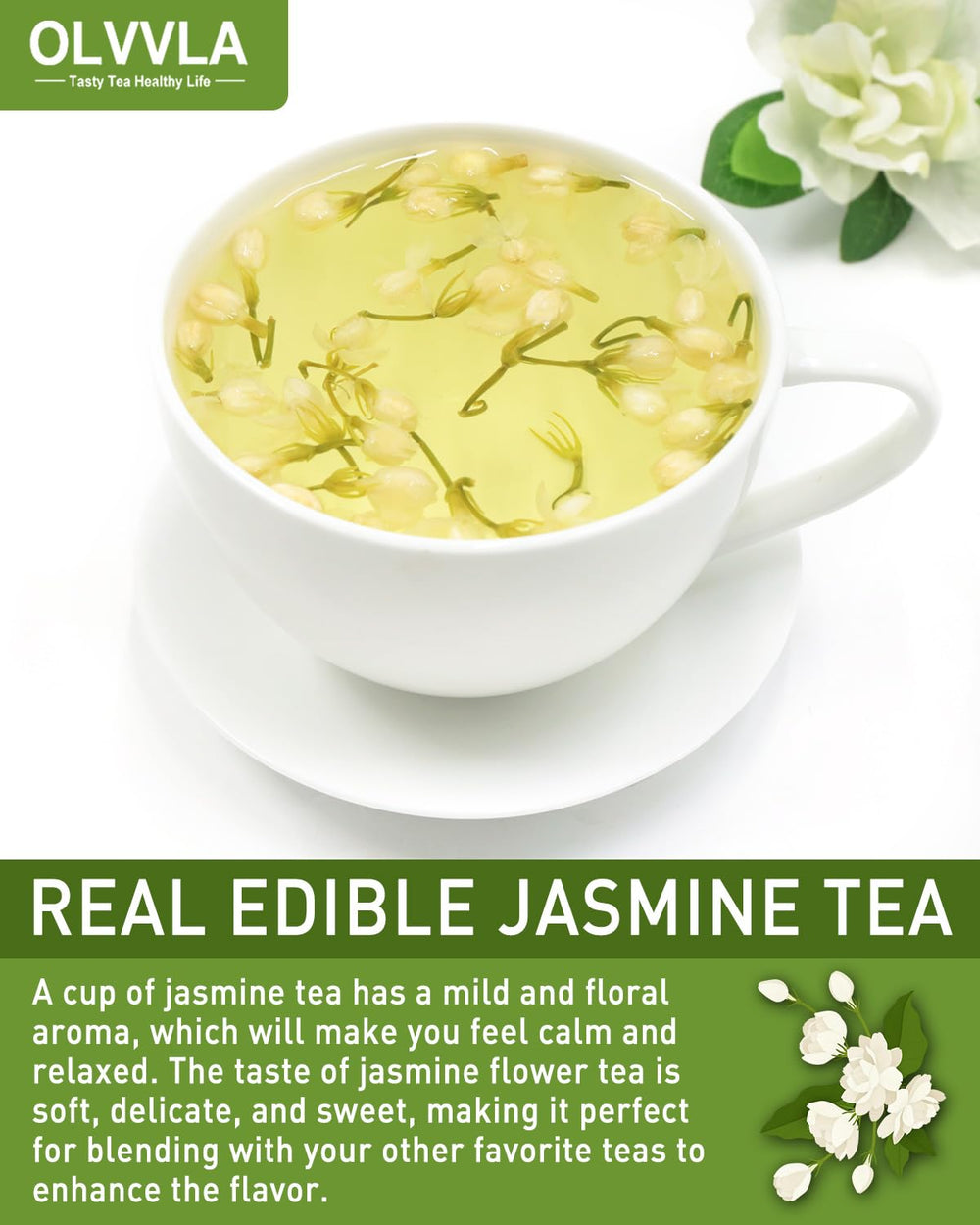 Olvvla natural aroma closeup inside resealable jasmine bag
