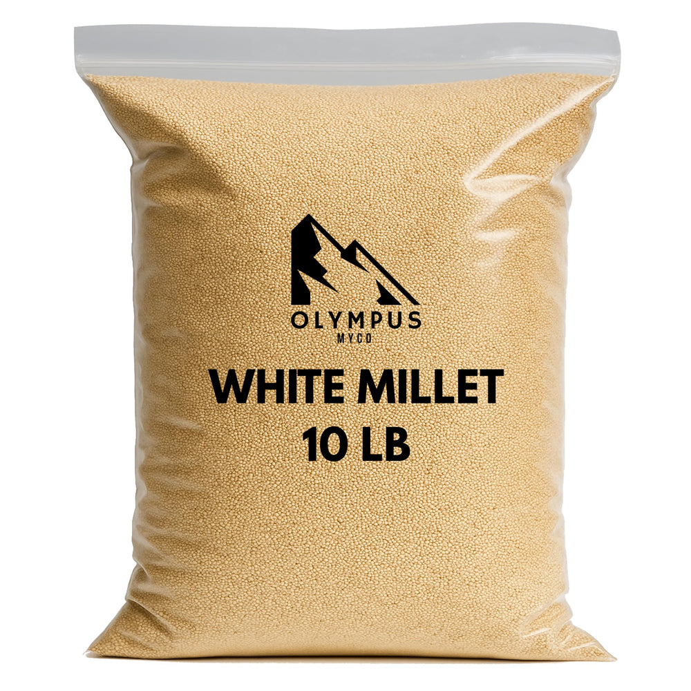 Olympus Myco White Proso Millet Seed bag front shows USA-sourced, additive-free bird nutrition.