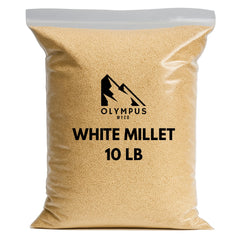 Olympus Myco White Proso Millet Seed bag front shows USA-sourced, additive-free bird nutrition.