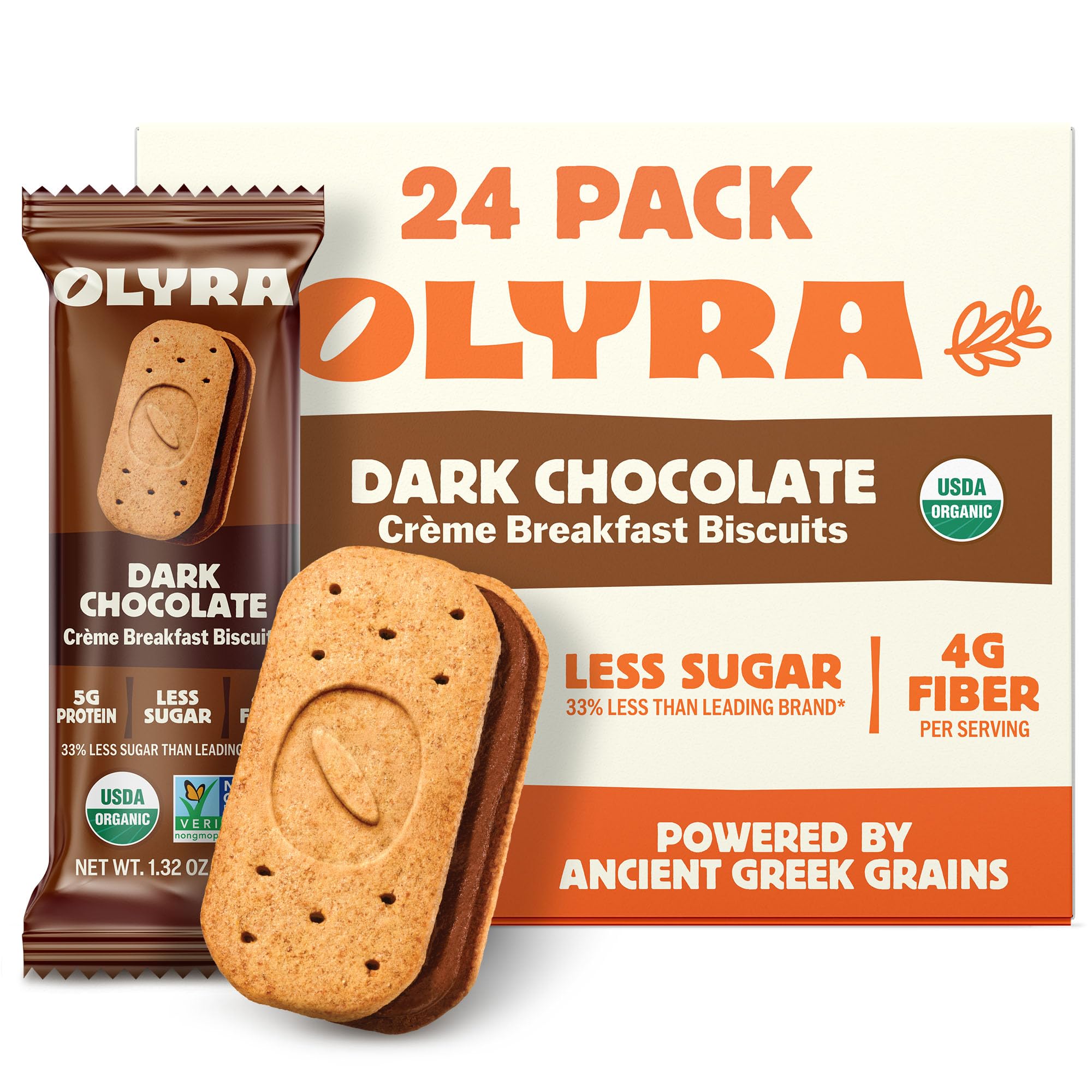 Olyra dark chocolate sandwich breakfast biscuit box shows a convenient, protein-packed morning option.