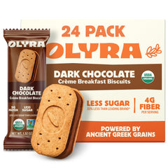 Olyra dark chocolate sandwich breakfast biscuit box shows a convenient, protein-packed morning option.