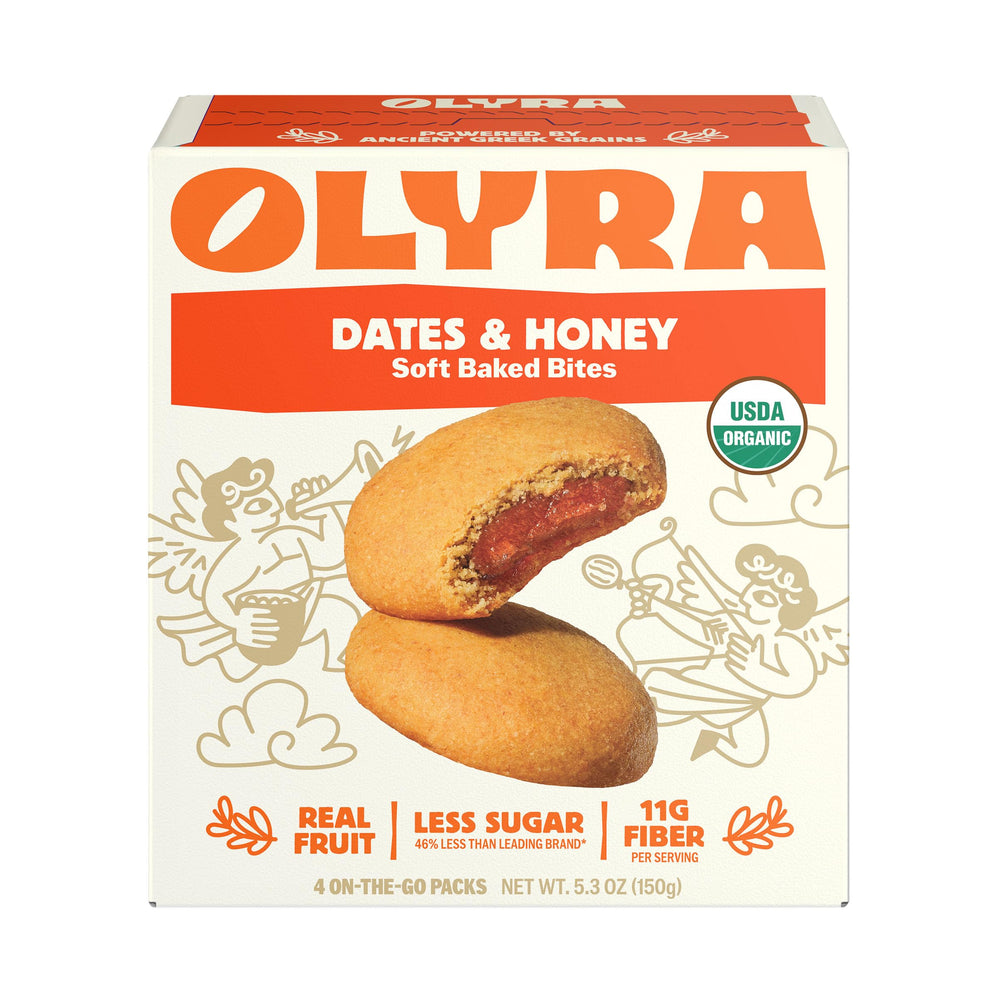 Olyra organic biscuits 4ct packaging with breakfast dates and honey flavor.