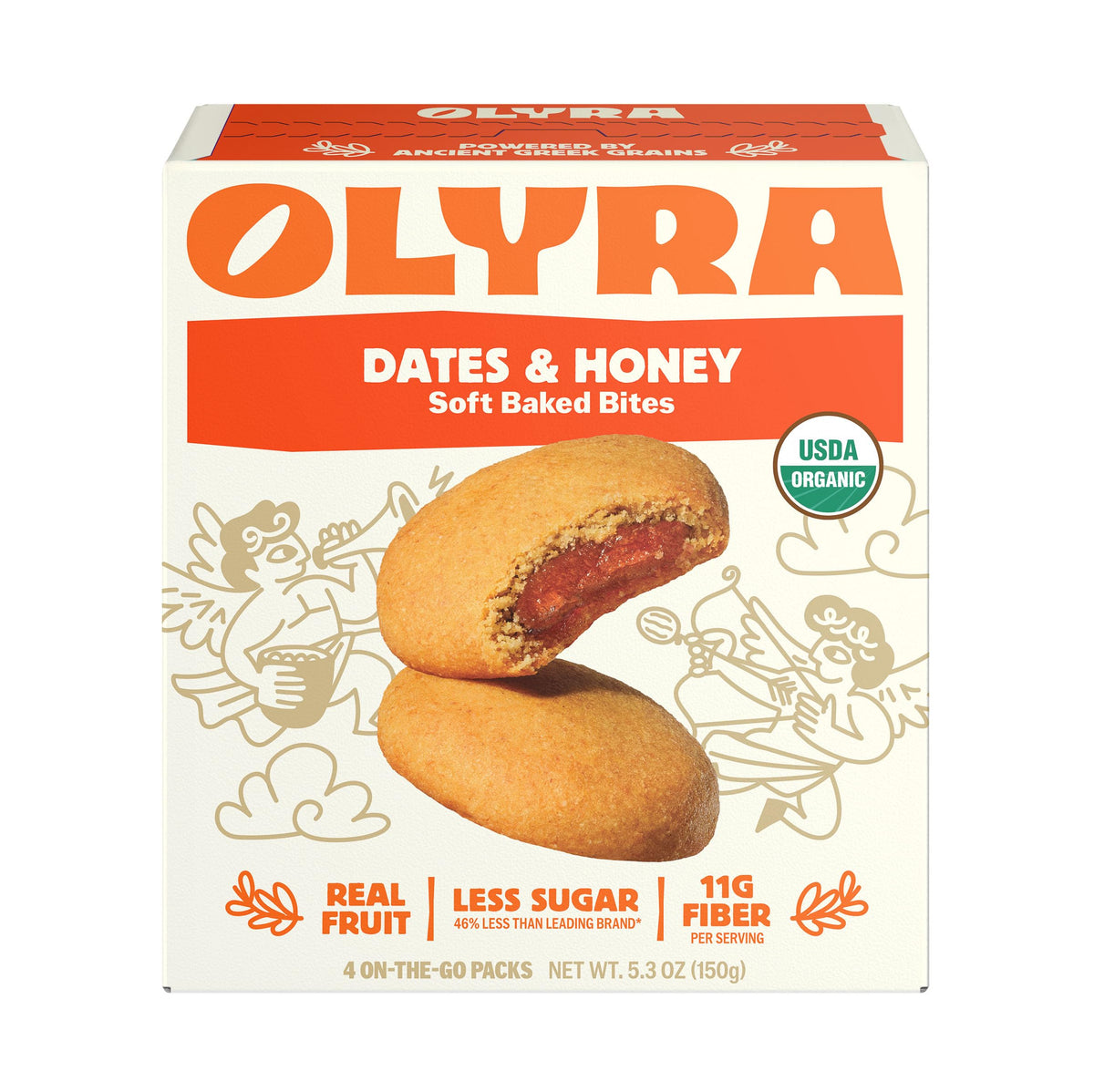 Olyra organic biscuits 4ct packaging with breakfast dates and honey flavor.